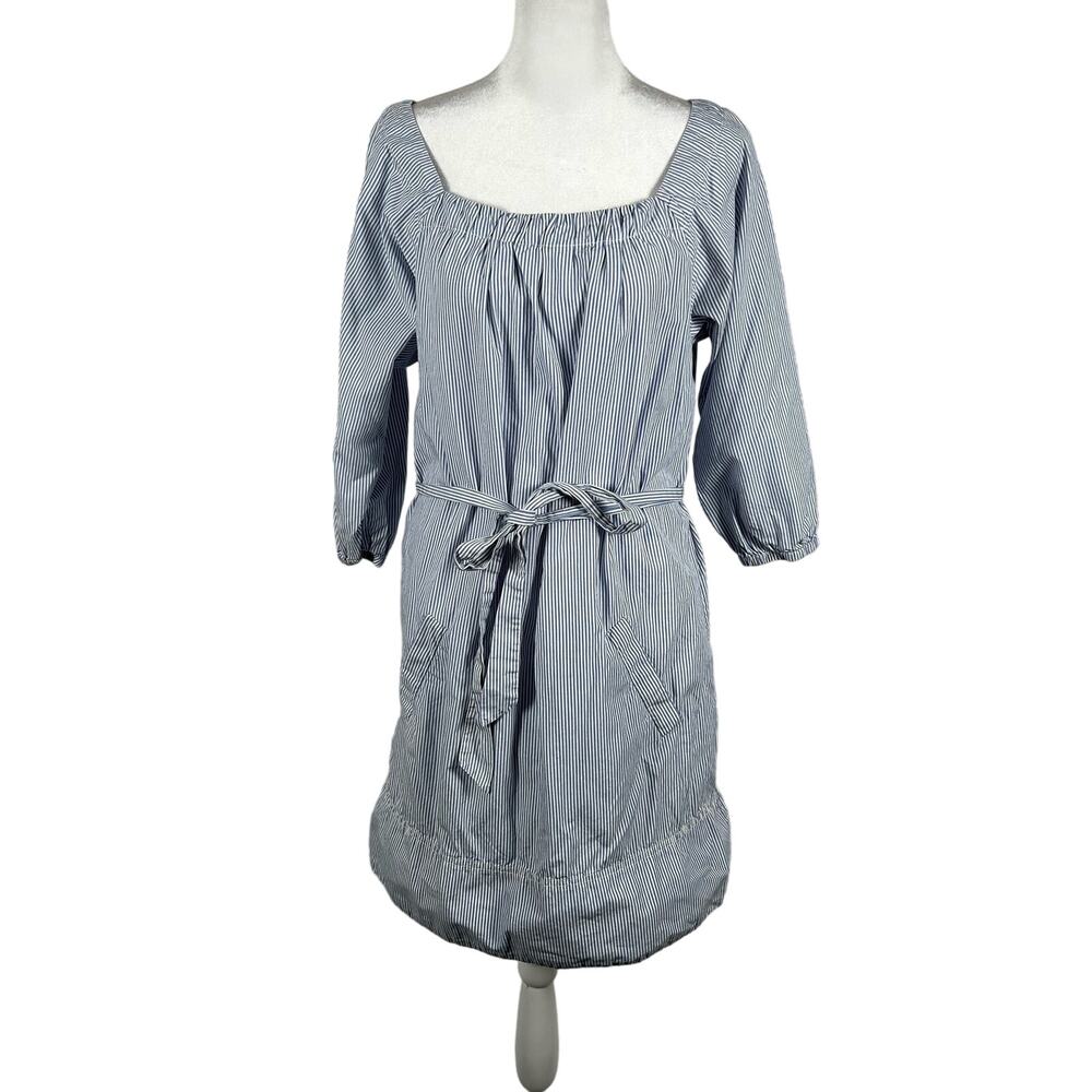 Nili Lotan Blue White Striped Cotton Dress Large 3/4 Sleeve Boho Business Casual